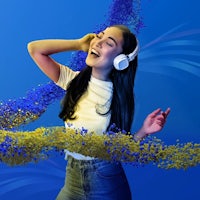 a woman wearing headphones and listening to music on a blue background